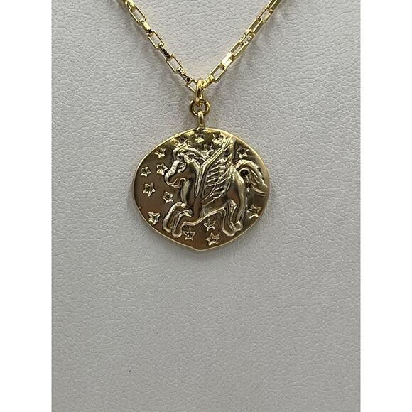 Shashi Designer Magical Pegasus Coin Charm 18K Gold Plated Long Necklace USA - Picture 3 of 12
